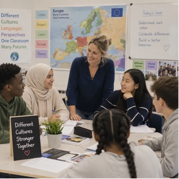Teacher with students in a multicultural classroom