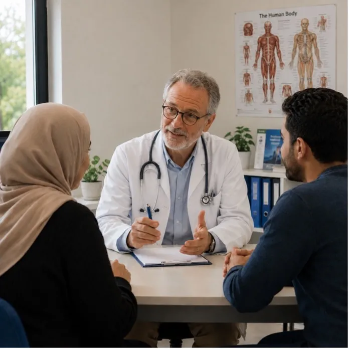Doctor talking with patients in his practice